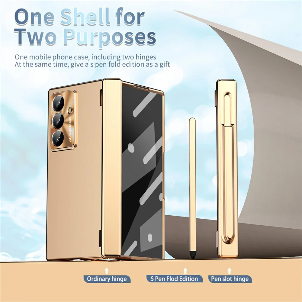 For Samsung Galaxy Z Fold7 5G Case Dual Hinge Electroplated PC Phone Cover with Tempered Glass Film / Stylus - Gold - Image 5