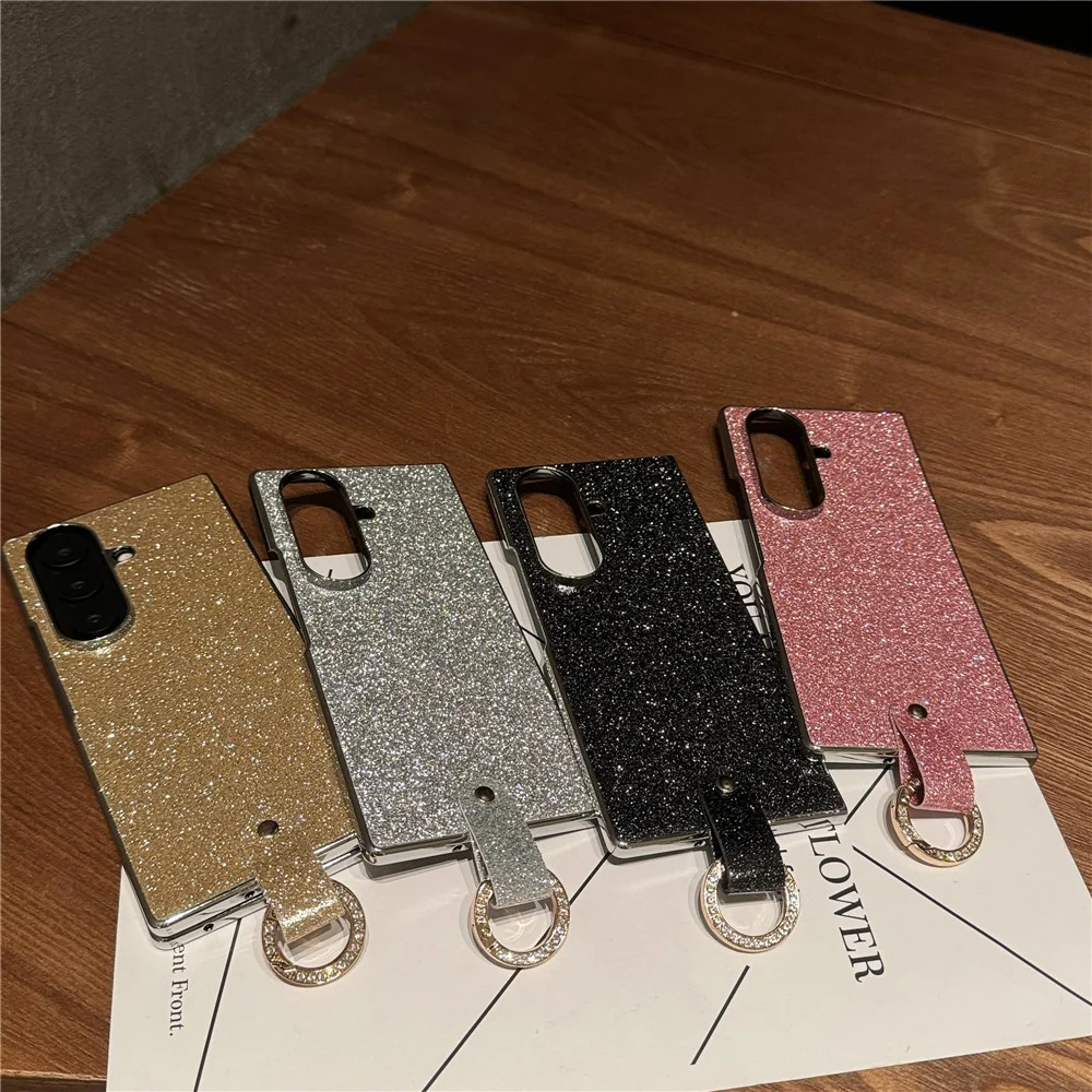 For Samsung Galaxy Z Fold7 5G Case Electroplated Glitter PU Leather + PC Protective Cover with Portable Ring Strap - Black - Image 6