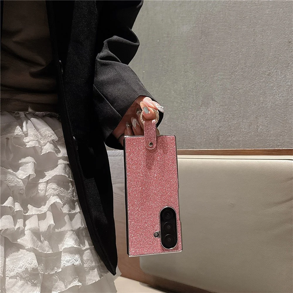For Samsung Galaxy Z Fold7 5G Case Electroplated Glitter PU Leather + PC Protective Cover with Portable Ring Strap - Pink - Image 2