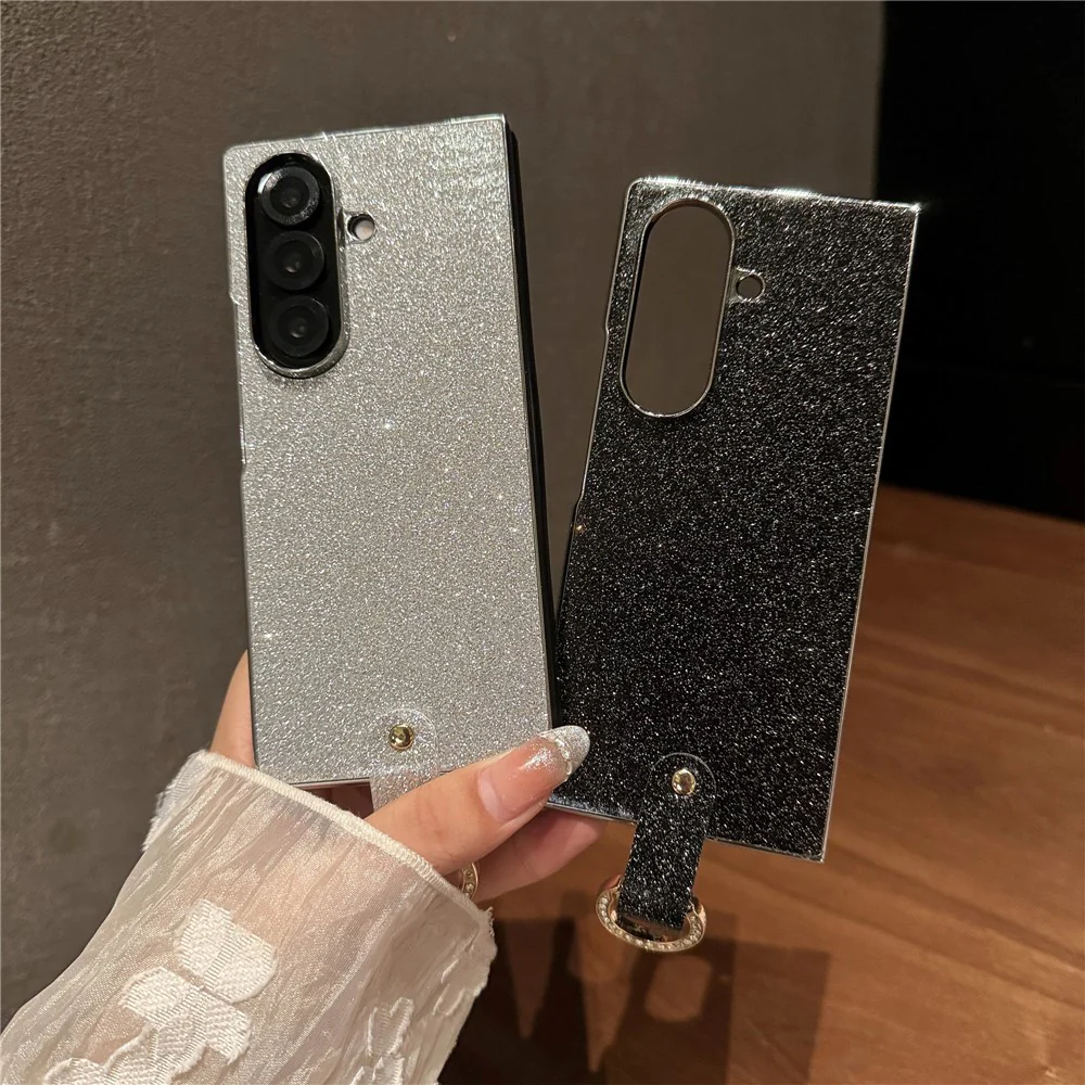 For Samsung Galaxy Z Fold7 5G Case Electroplated Glitter PU Leather + PC Protective Cover with Portable Ring Strap - Silver - Image 4