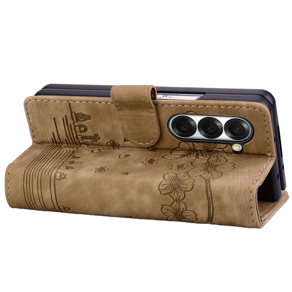 For Samsung Galaxy Z Fold7 5G Case Flip Stand Leather Phone Cover Cherry Blossom Cat Imprinted - Brown - Image 3