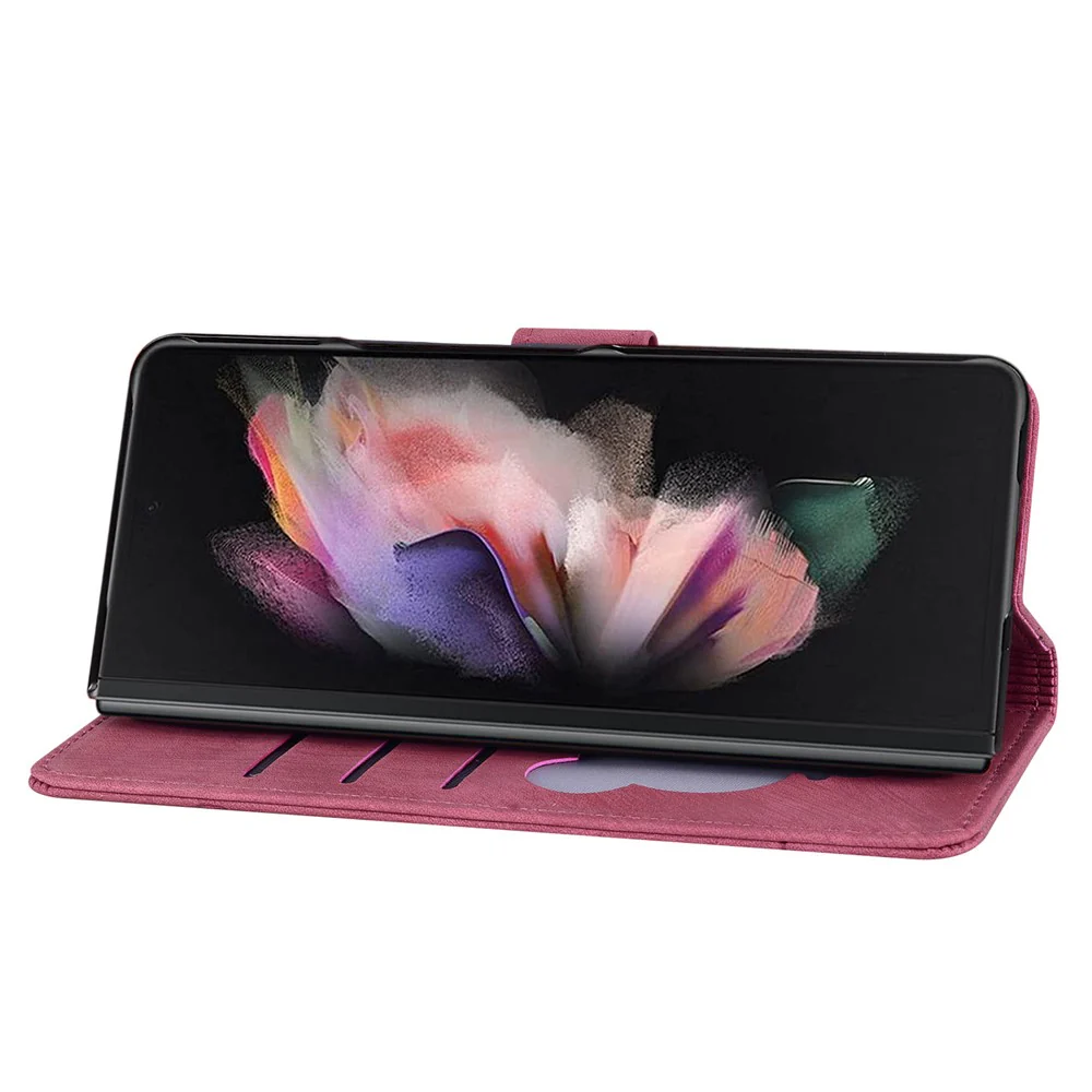 For Samsung Galaxy Z Fold7 5G Case Flip Stand Leather Phone Cover Cherry Blossom Cat Imprinted - Red - Image 2