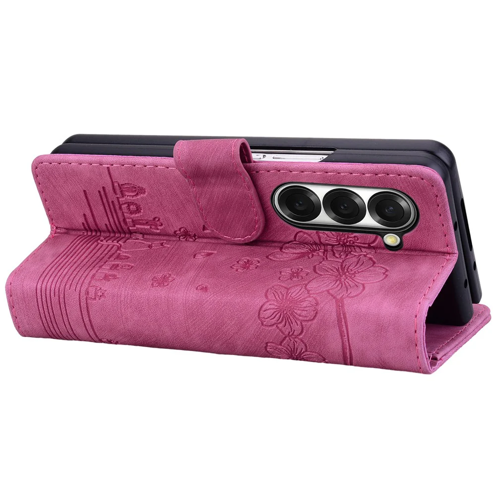 For Samsung Galaxy Z Fold7 5G Case Flip Stand Leather Phone Cover Cherry Blossom Cat Imprinted - Rose - Image 3