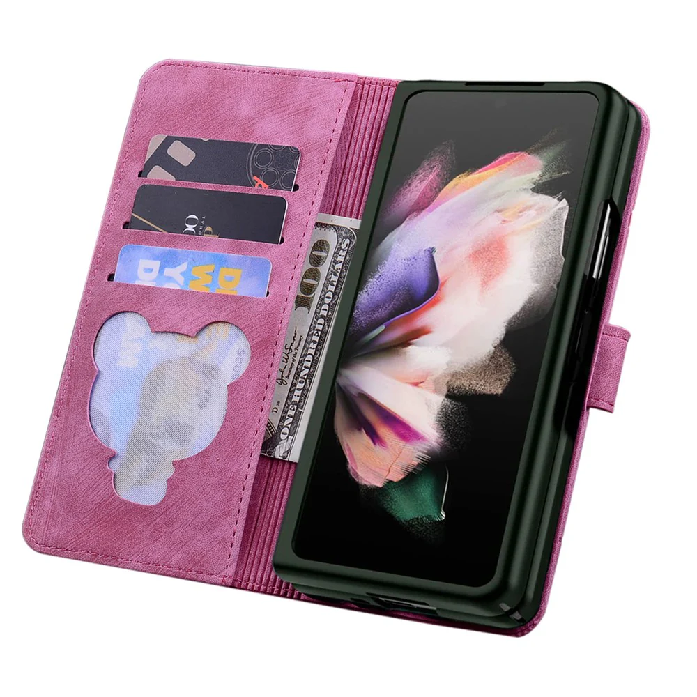 For Samsung Galaxy Z Fold7 5G Case Flip Stand Leather Phone Cover Cherry Blossom Cat Imprinted - Rose - Image 4
