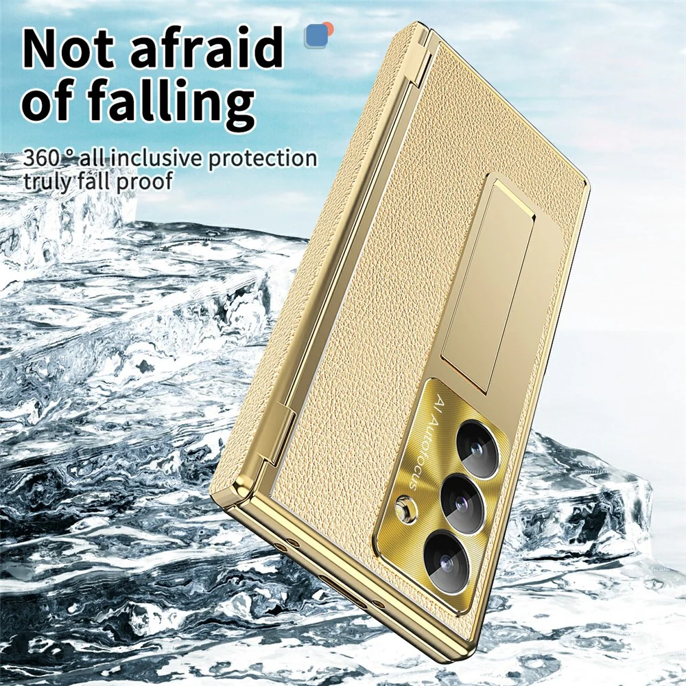 For Samsung Galaxy Z Fold7 5G Case Hinge Protection PU + PC Phone Cover with Tempered Glass Film / Stylus - Gold - Image 4