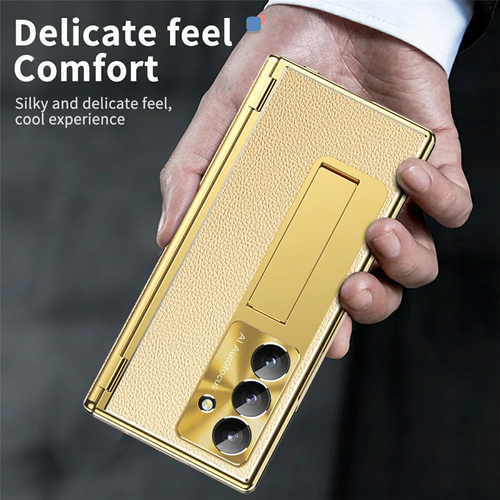 For Samsung Galaxy Z Fold7 5G Case Hinge Protection PU + PC Phone Cover with Tempered Glass Film / Stylus - Gold - Image 5
