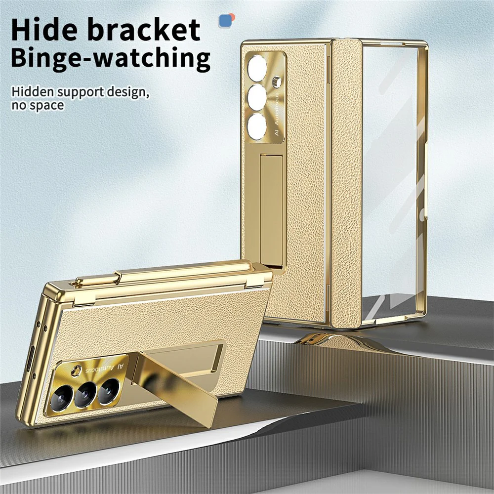 For Samsung Galaxy Z Fold7 5G Case Hinge Protection PU + PC Phone Cover with Tempered Glass Film / Stylus - Gold - Image 6
