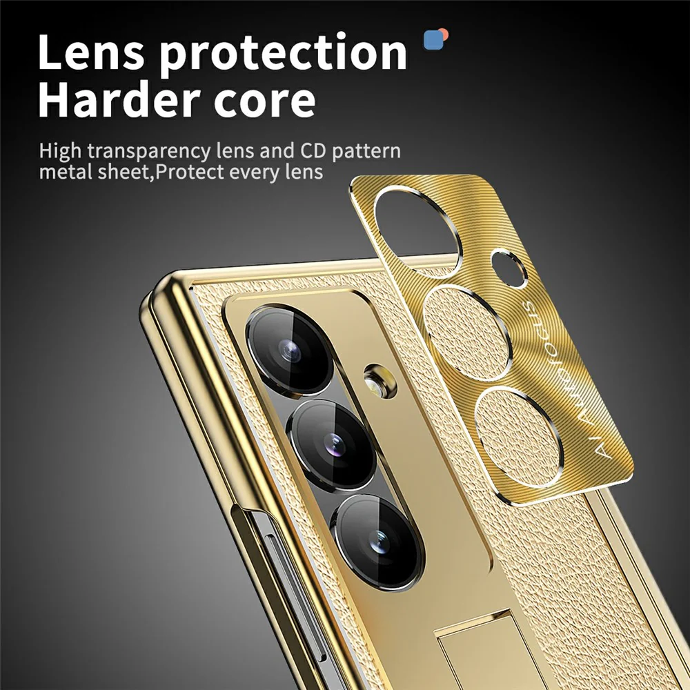 For Samsung Galaxy Z Fold7 5G Case Hinge Protection PU + PC Phone Cover with Tempered Glass Film / Stylus - Gold - Image 7