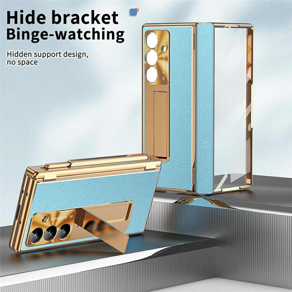 For Samsung Galaxy Z Fold7 5G Case Hinge Protection PU + PC Phone Cover with Tempered Glass Film / Stylus - Gold / Blue - Image 6
