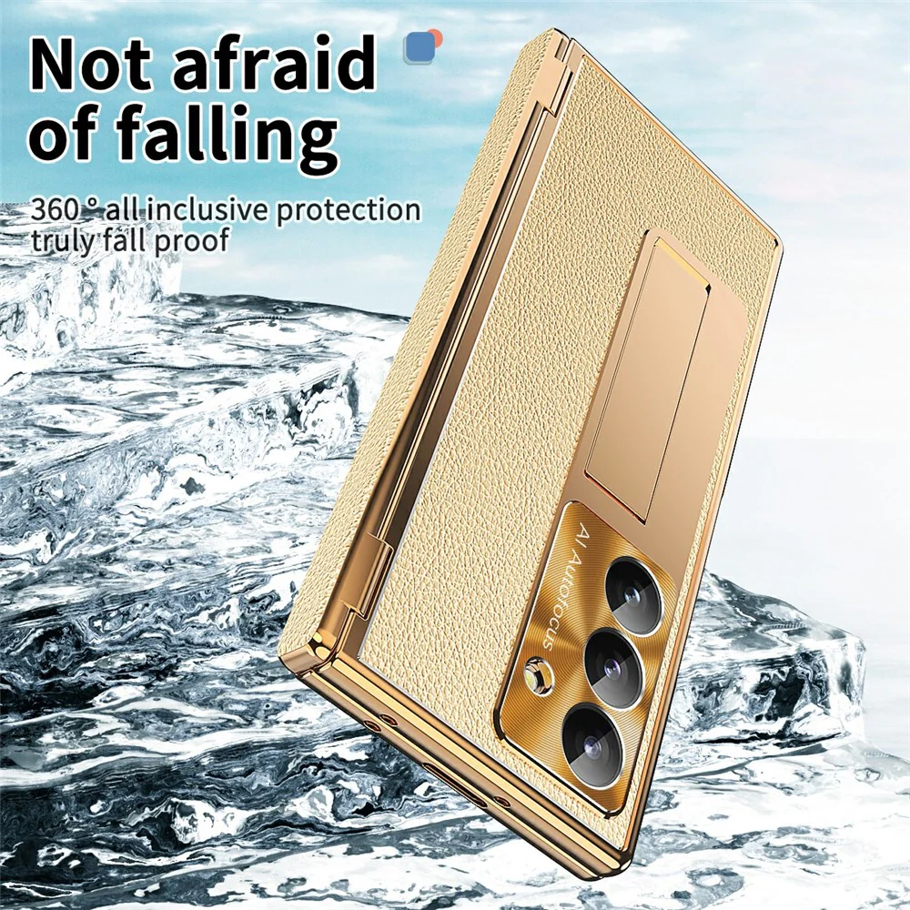 For Samsung Galaxy Z Fold7 5G Case Hinge Protection PU + PC Phone Cover with Tempered Glass Film / Stylus - Gold / Gold - Image 4
