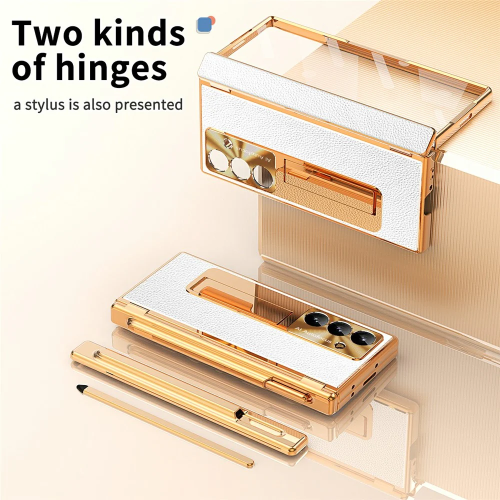 For Samsung Galaxy Z Fold7 5G Case Hinge Protection PU + PC Phone Cover with Tempered Glass Film / Stylus - Gold / Silver - Image 3