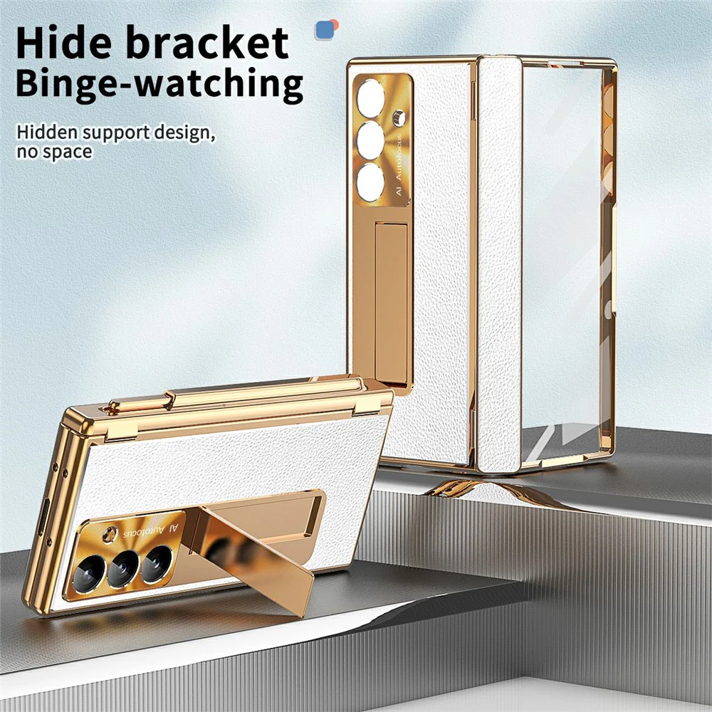 For Samsung Galaxy Z Fold7 5G Case Hinge Protection PU + PC Phone Cover with Tempered Glass Film / Stylus - Gold / Silver - Image 6