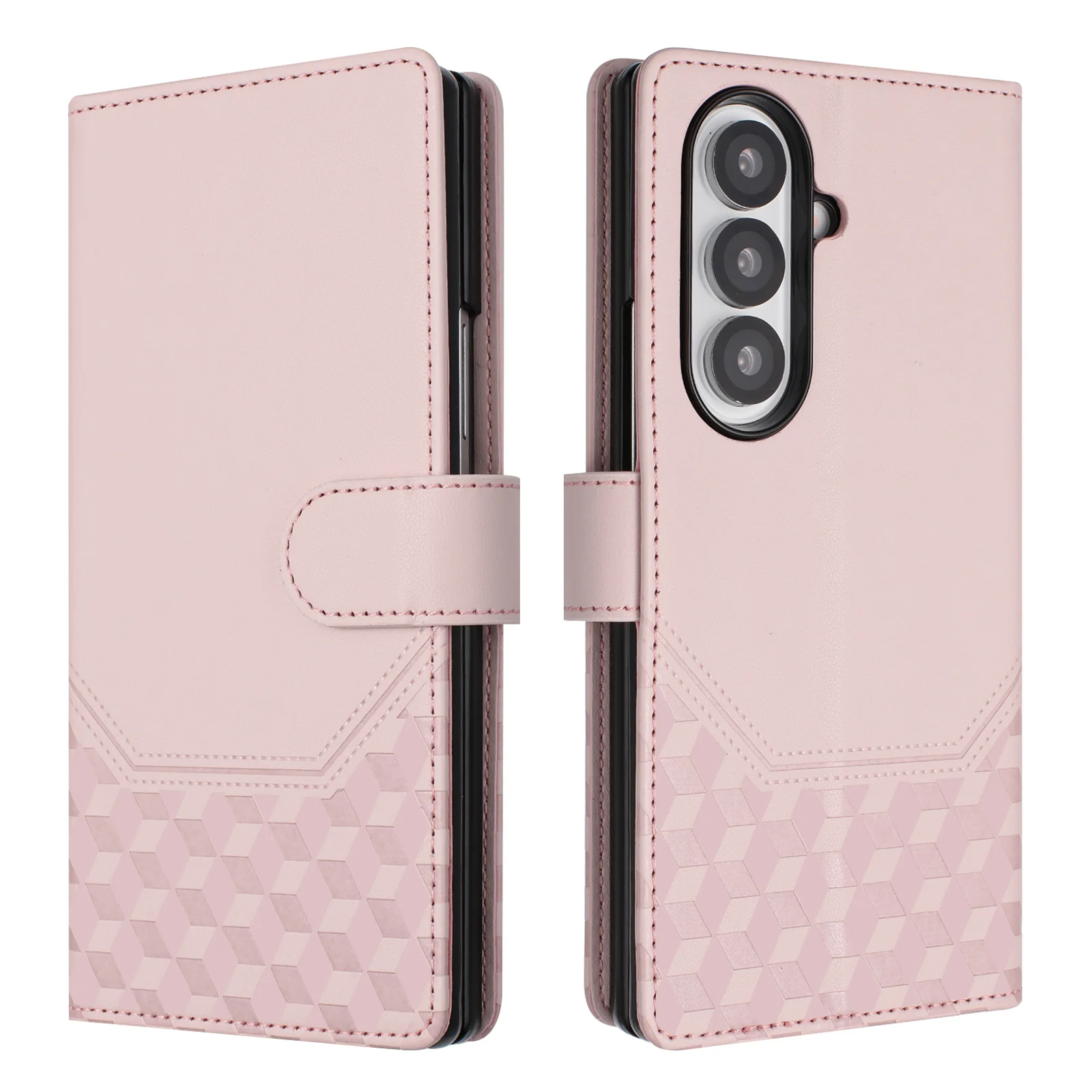 For Samsung Galaxy Z Fold7 5G Case Imprinted Honeycomb RFID Blocking Leather Phone Cover with Strap - Pink