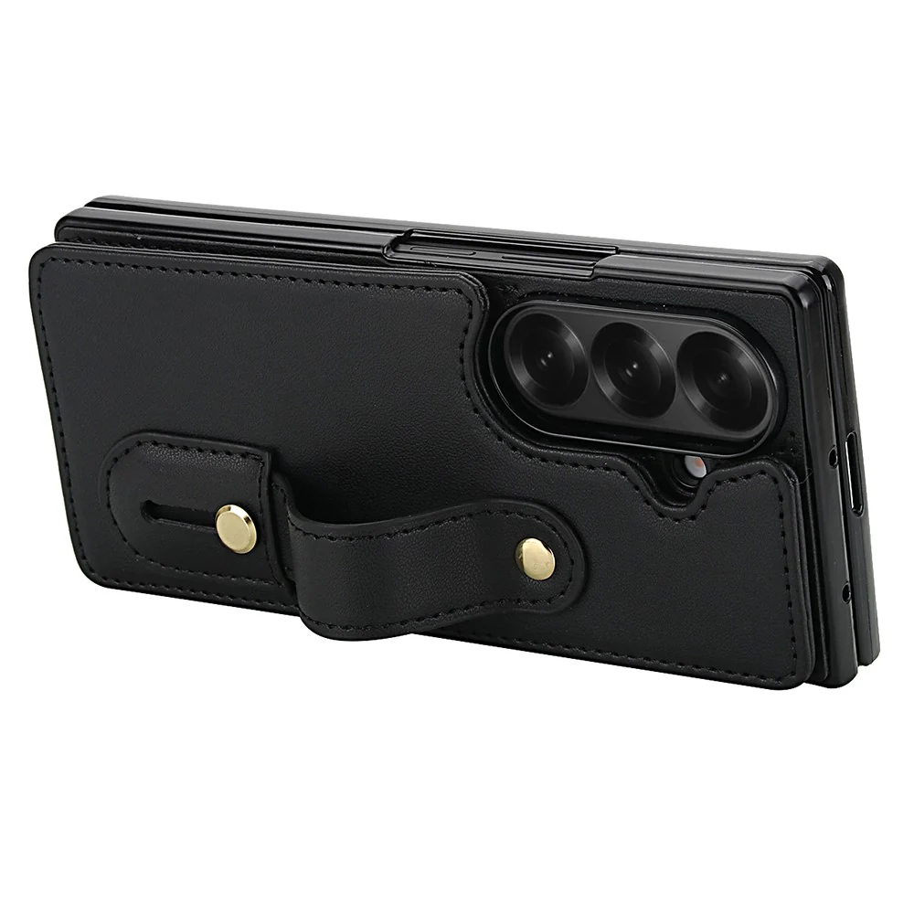 For Samsung Galaxy Z Fold7 5G Case Kickstand Card Slots Leather Coated TPU Cover with Shoulder Strap - Black - Image 4