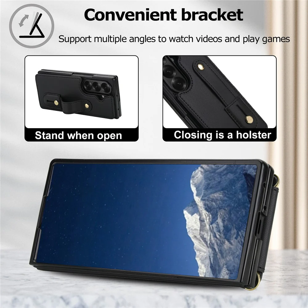 For Samsung Galaxy Z Fold7 5G Case Kickstand Card Slots Leather Coated TPU Cover with Shoulder Strap - Black - Image 7