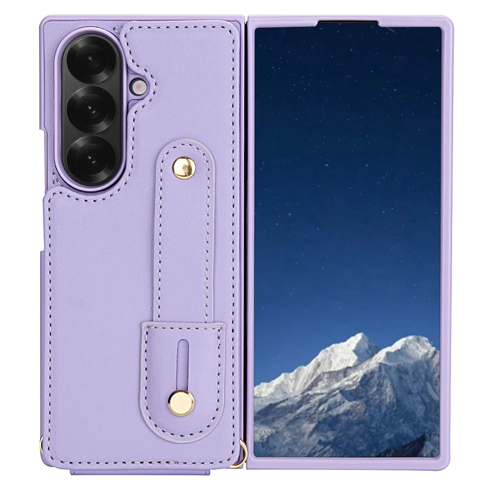For Samsung Galaxy Z Fold7 5G Case Kickstand Card Slots Leather Coated TPU Cover with Shoulder Strap - Purple - Image 2