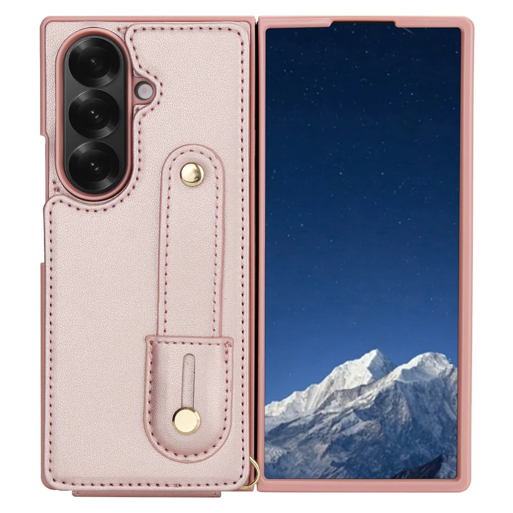 For Samsung Galaxy Z Fold7 5G Case Kickstand Card Slots Leather Coated TPU Cover with Shoulder Strap - Rose Gold - Image 2