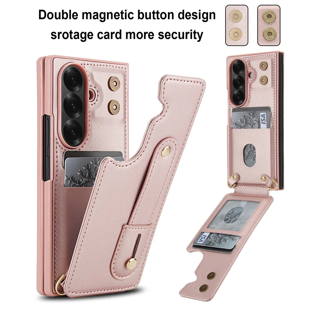 For Samsung Galaxy Z Fold7 5G Case Kickstand Card Slots Leather Coated TPU Cover with Shoulder Strap - Rose Gold - Image 6
