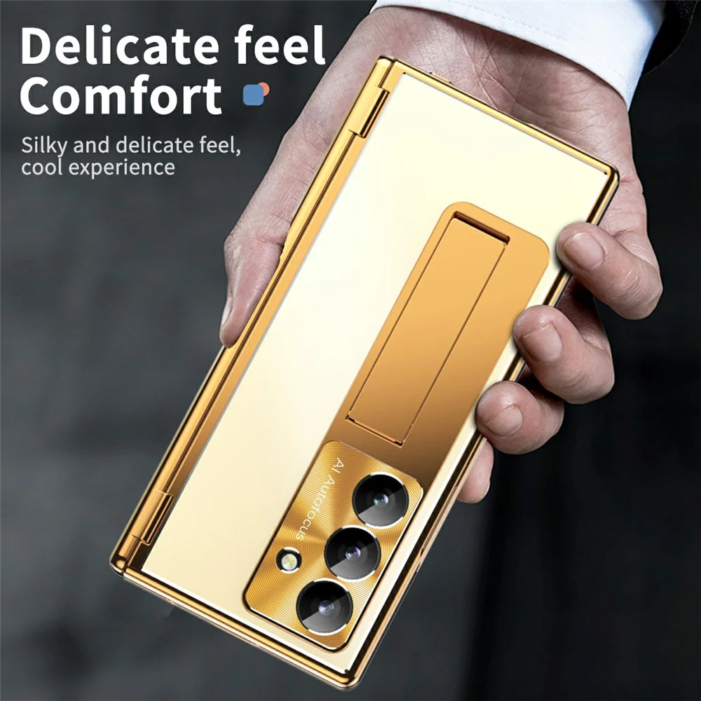 For Samsung Galaxy Z Fold7 5G Case Kickstand Dual Hinge Aluminum Alloy Phone Cover with Tempered Glass Front Film / Stylus - Gold + Gold - Image 5
