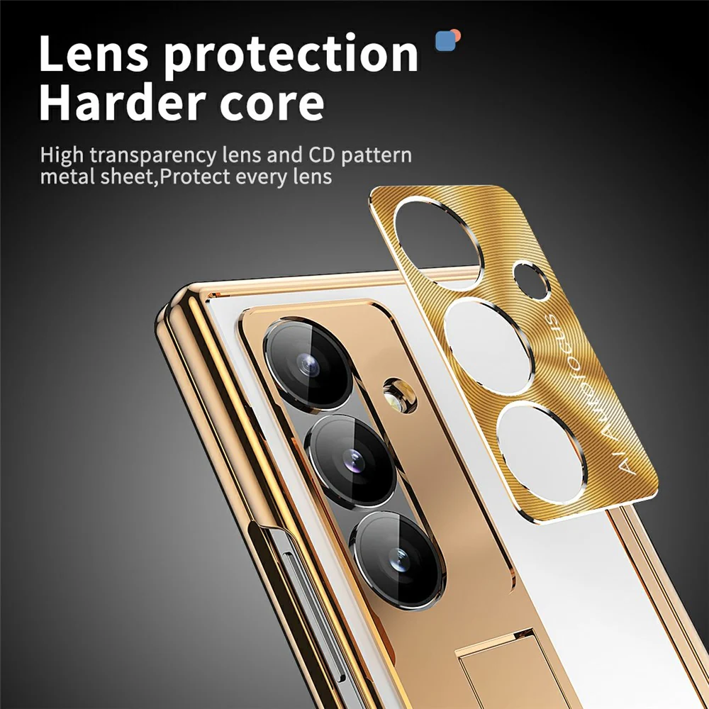 For Samsung Galaxy Z Fold7 5G Case Kickstand Dual Hinge Aluminum Alloy Phone Cover with Tempered Glass Front Film / Stylus - Gold + Silver - Image 7