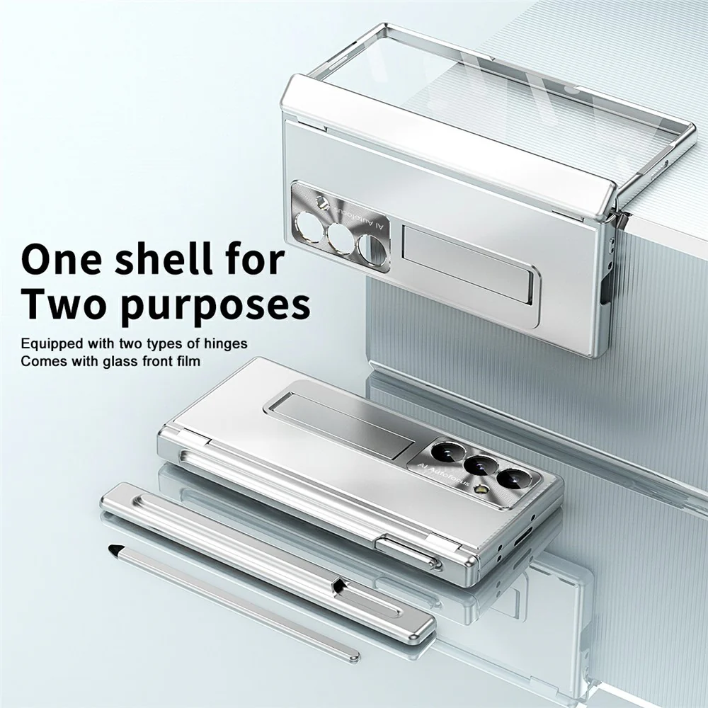 For Samsung Galaxy Z Fold7 5G Case Kickstand Dual Hinge Aluminum Alloy Phone Cover with Tempered Glass Front Film / Stylus - Silver - Image 3