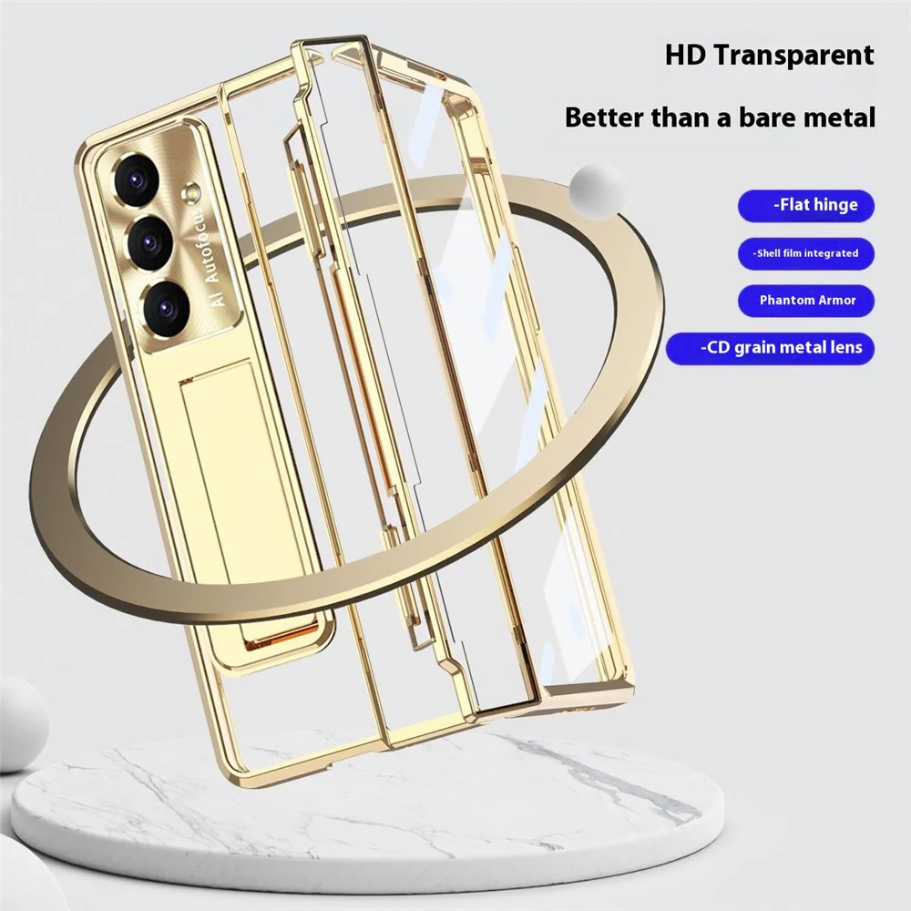 For Samsung Galaxy Z Fold7 5G Case Kickstand Hard PC Phone Cover with Screen Film / Stylus - Champagne Gold - Image 4