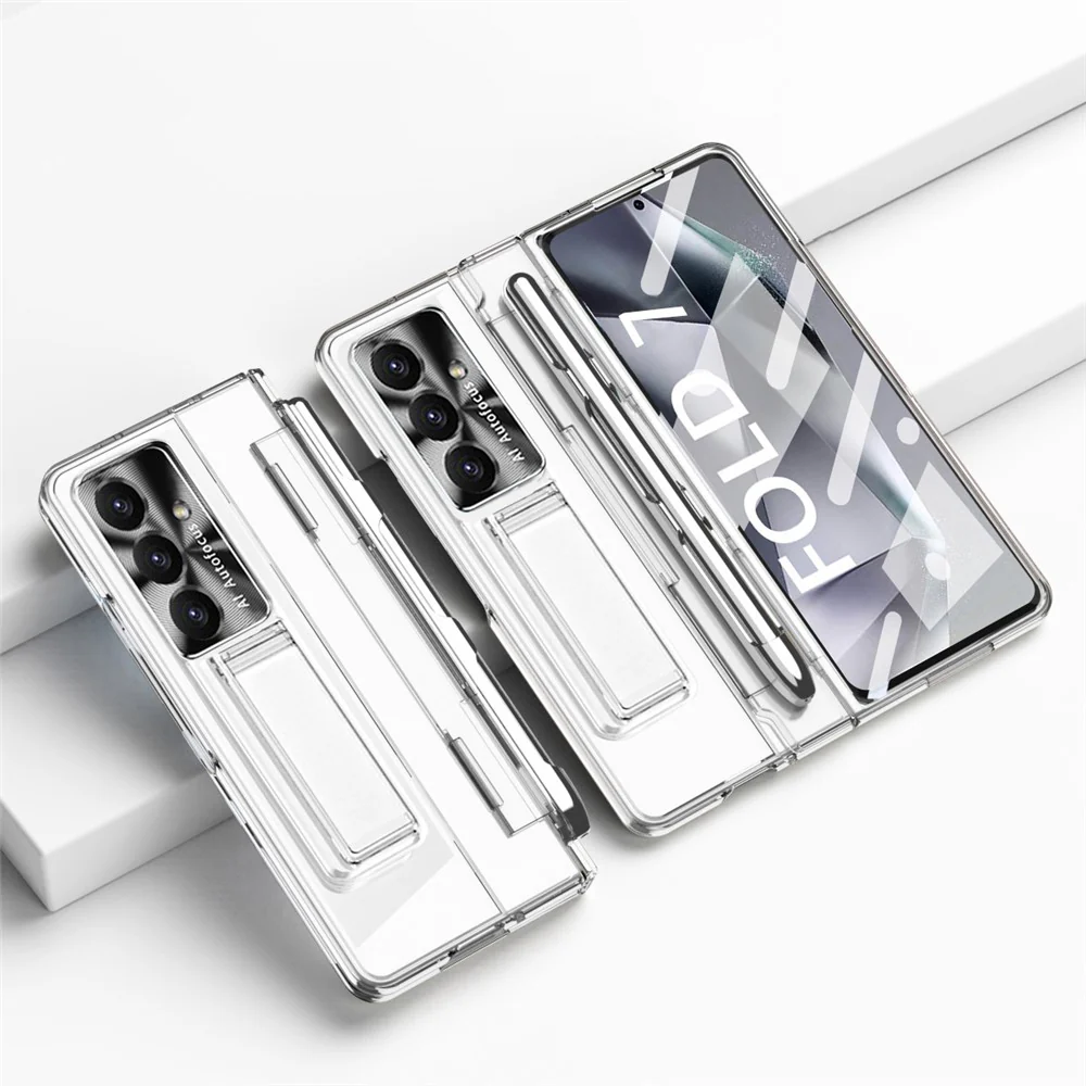 For Samsung Galaxy Z Fold7 5G Case Kickstand Hard PC Phone Cover with Screen Film / Stylus - Transparent - Image 2