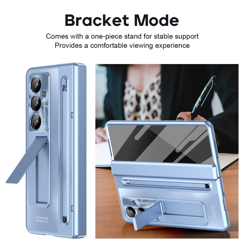 For Samsung Galaxy Z Fold7 5G Case Kickstand Hinge PC Phone Cover with Tempered Glass Film, Stylus - Blue - Image 5
