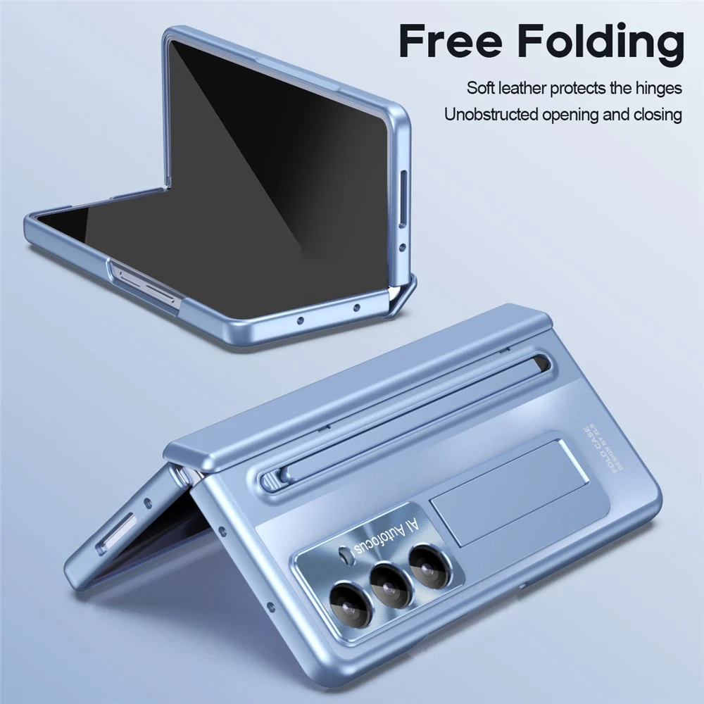 For Samsung Galaxy Z Fold7 5G Case Kickstand Hinge PC Phone Cover with Tempered Glass Film, Stylus - Blue - Image 7