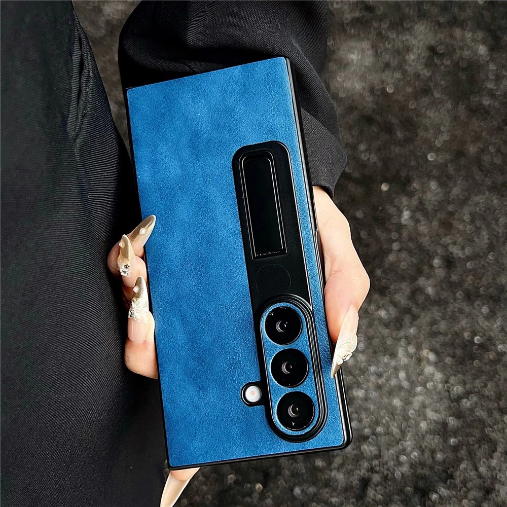 For Samsung Galaxy Z Fold7 5G Case Kickstand Leather Coated PC Folding Phone Cover - Blue - Image 3