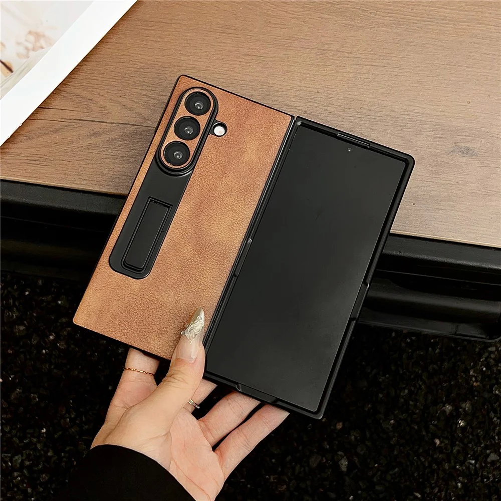 For Samsung Galaxy Z Fold7 5G Case Kickstand Leather Coated PC Folding Phone Cover - Brown - Image 3