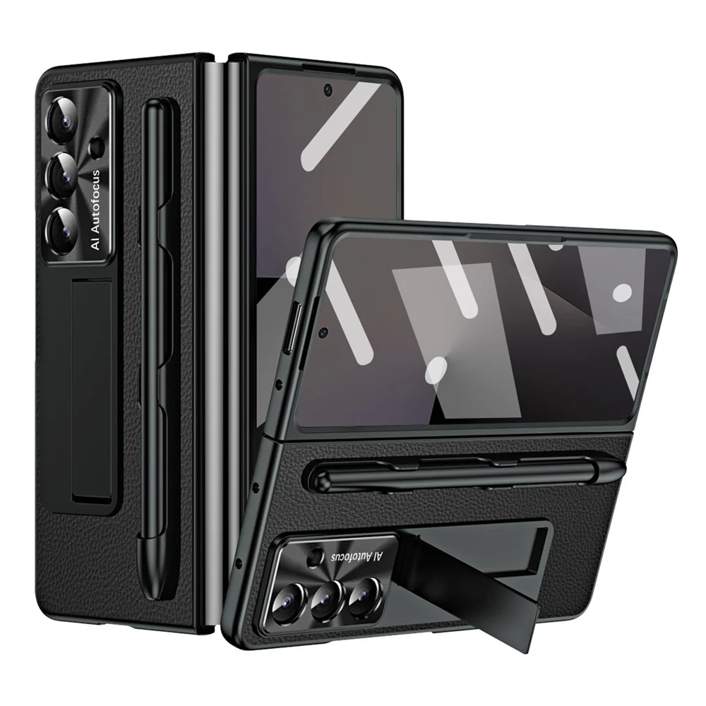 For Samsung Galaxy Z Fold7 5G Case Kickstand Leather + PC Hard Phone Cover with Screen Film and Stylus - Black