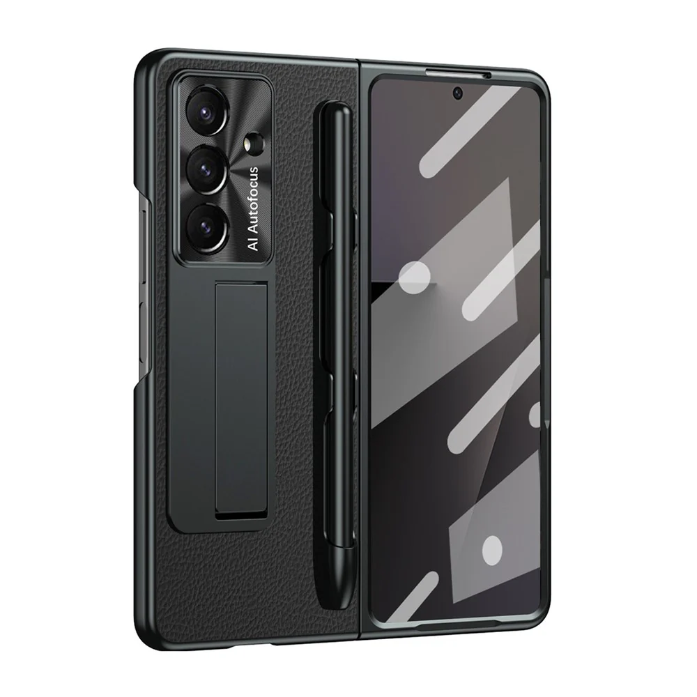For Samsung Galaxy Z Fold7 5G Case Kickstand Leather + PC Hard Phone Cover with Screen Film and Stylus - Black - Image 3