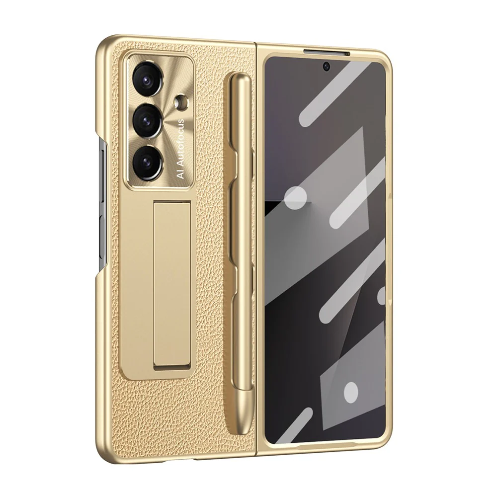For Samsung Galaxy Z Fold7 5G Case Kickstand Leather + PC Hard Phone Cover with Screen Film and Stylus - Champagne Gold - Image 3