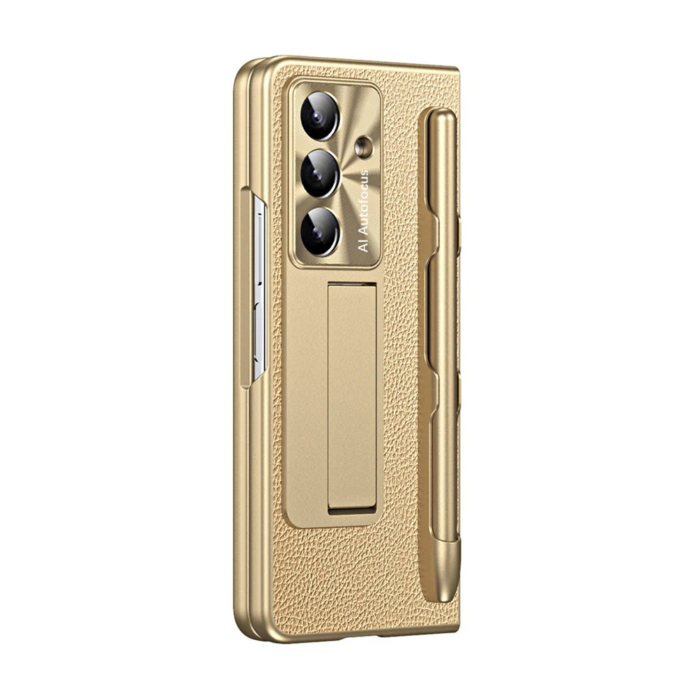 For Samsung Galaxy Z Fold7 5G Case Kickstand Leather + PC Hard Phone Cover with Screen Film and Stylus - Champagne Gold - Image 4