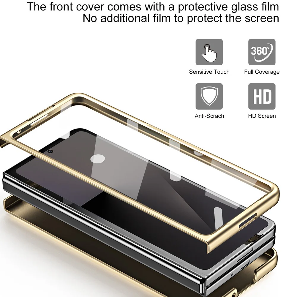 For Samsung Galaxy Z Fold7 5G Case Kickstand Leather + PC Hard Phone Cover with Screen Film and Stylus - Champagne Gold - Image 5