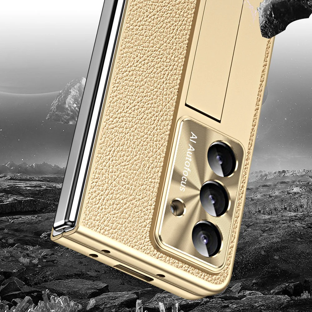 For Samsung Galaxy Z Fold7 5G Case Kickstand Leather + PC Hard Phone Cover with Screen Film and Stylus - Champagne Gold - Image 8