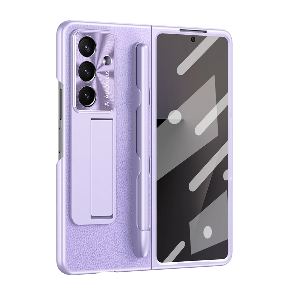For Samsung Galaxy Z Fold7 5G Case Kickstand Leather + PC Hard Phone Cover with Screen Film and Stylus - Purple - Image 3