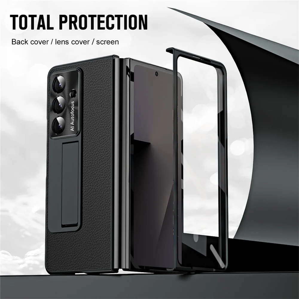 For Samsung Galaxy Z Fold7 5G Case Kickstand Leather + PC Phone Cover with Tempered Glass Film - Black - Image 4