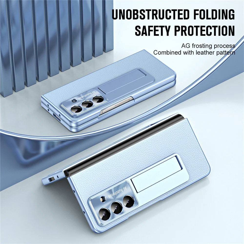 For Samsung Galaxy Z Fold7 5G Case Kickstand Leather + PC Phone Cover with Tempered Glass Film - Blue - Image 3