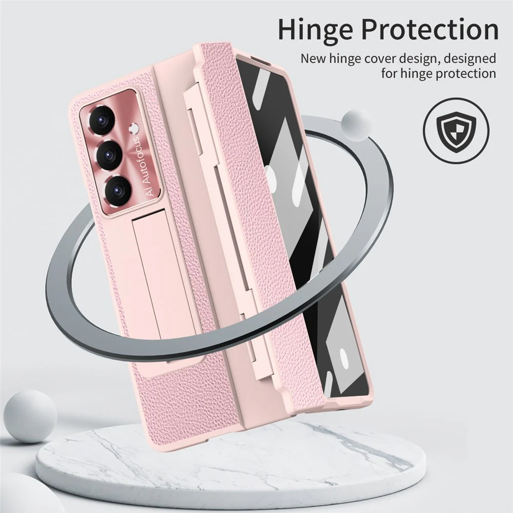 For Samsung Galaxy Z Fold7 5G Case Kickstand Leather + PC Phone Cover with Tempered Glass Film / Stylus - Pink - Image 8