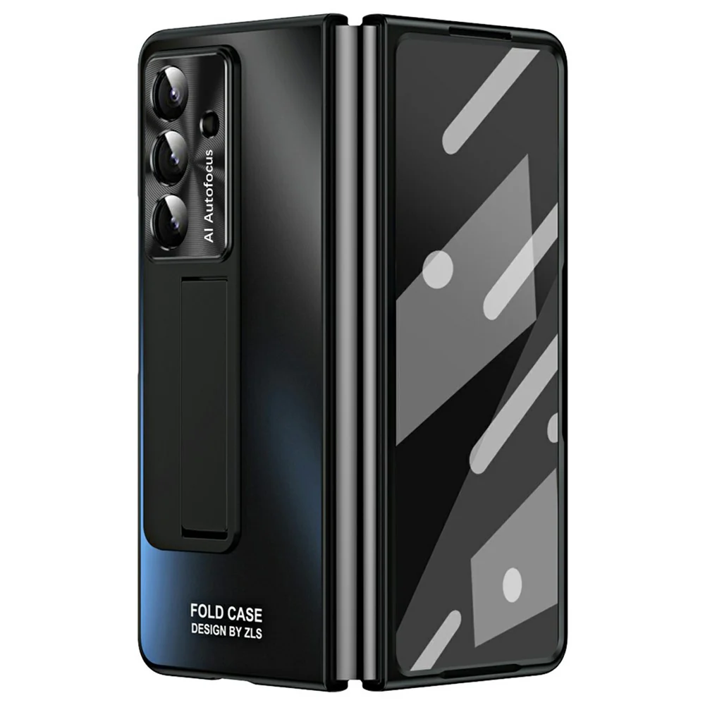 For Samsung Galaxy Z Fold7 5G Case Kickstand Matte PC Phone Cover with Tempered Glass Film - Black