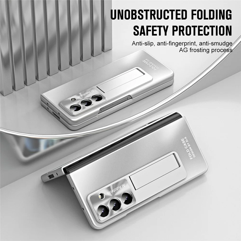 For Samsung Galaxy Z Fold7 5G Case Kickstand Matte PC Phone Cover with Tempered Glass Film - Silver - Image 2