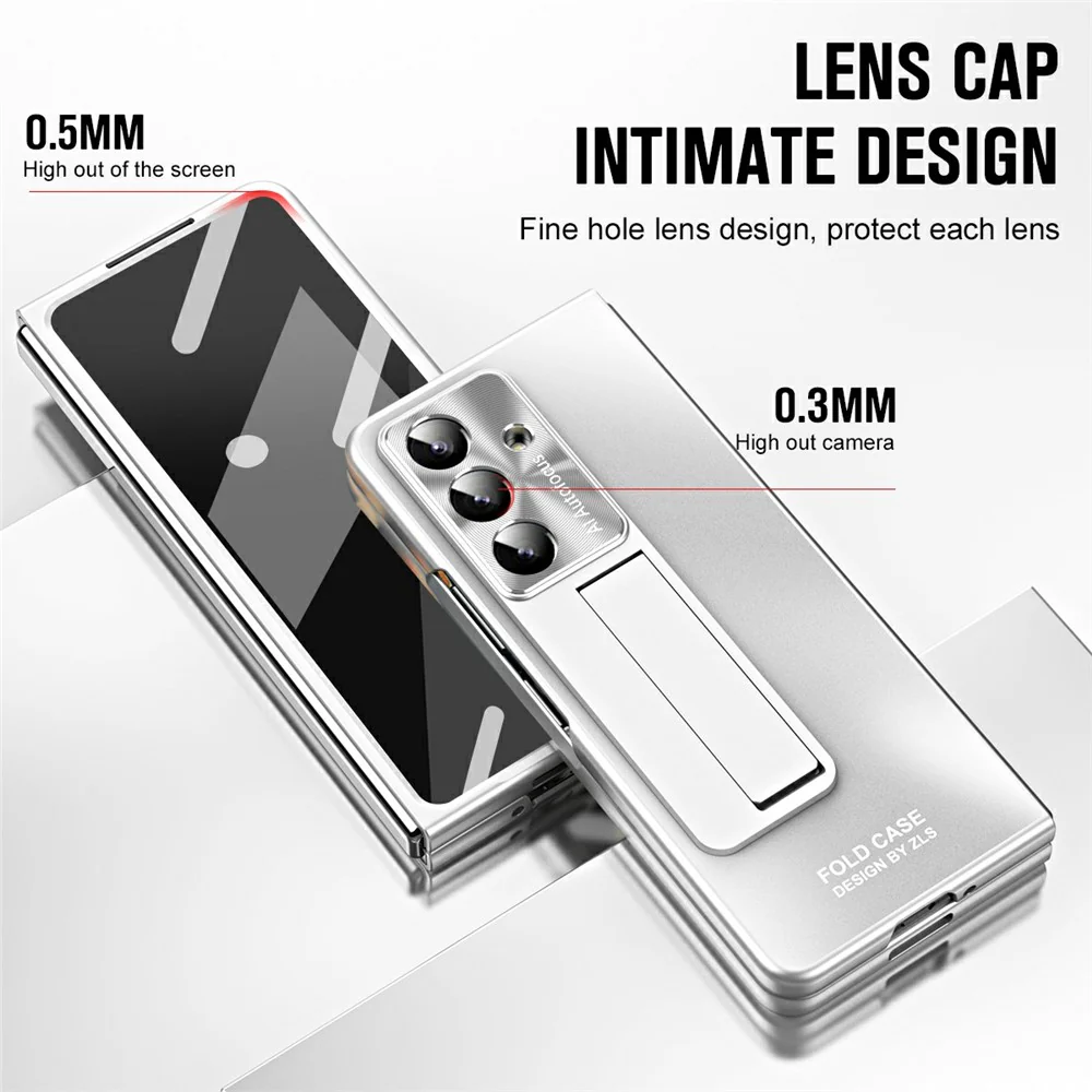 For Samsung Galaxy Z Fold7 5G Case Kickstand Matte PC Phone Cover with Tempered Glass Film - Silver - Image 3