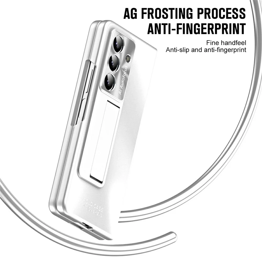 For Samsung Galaxy Z Fold7 5G Case Kickstand Matte PC Phone Cover with Tempered Glass Film - Silver - Image 7