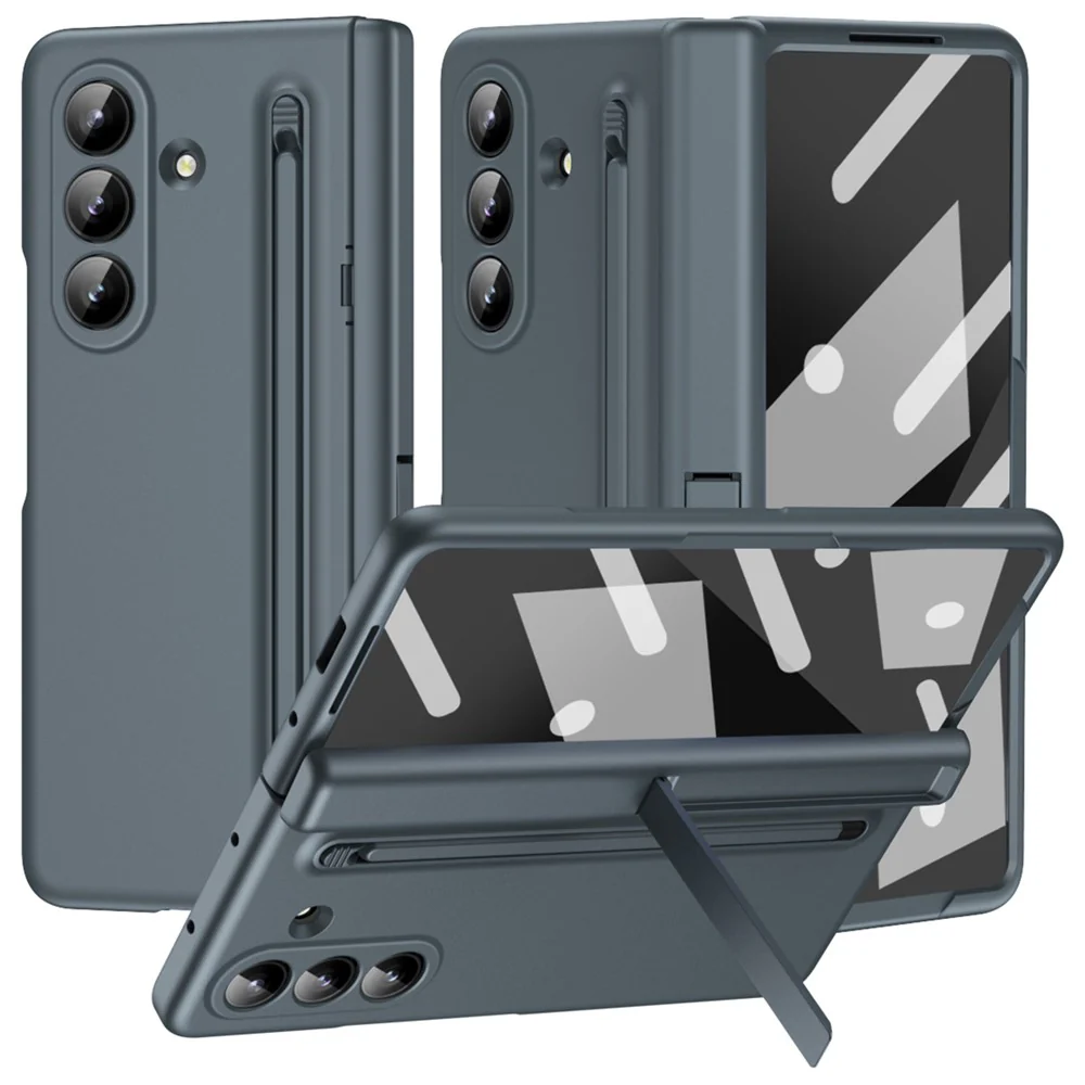 For Samsung Galaxy Z Fold7 5G Case Kickstand PC Phone Back Cover with Stylus and Tempered Glass Film - Grey Green