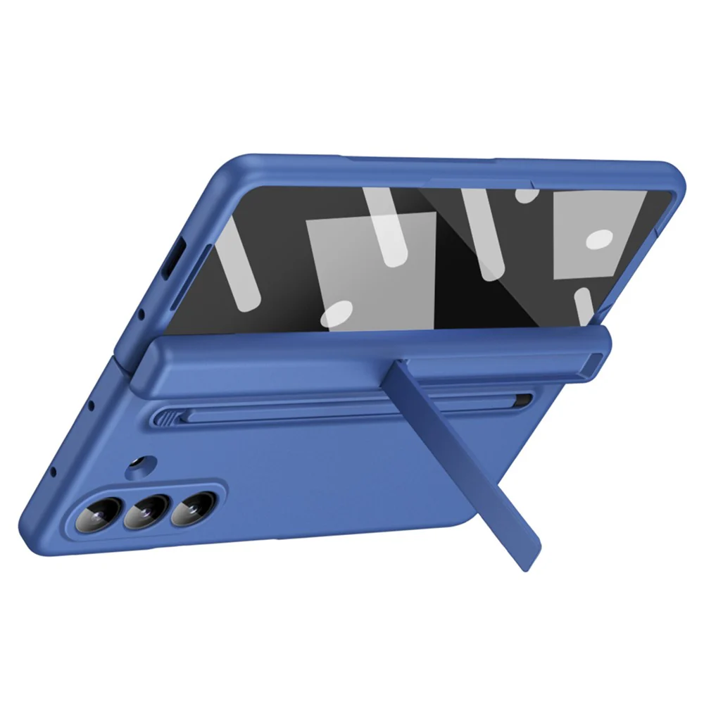 For Samsung Galaxy Z Fold7 5G Case Kickstand PC Phone Back Cover with Stylus and Tempered Glass Film - Sapphire - Image 3