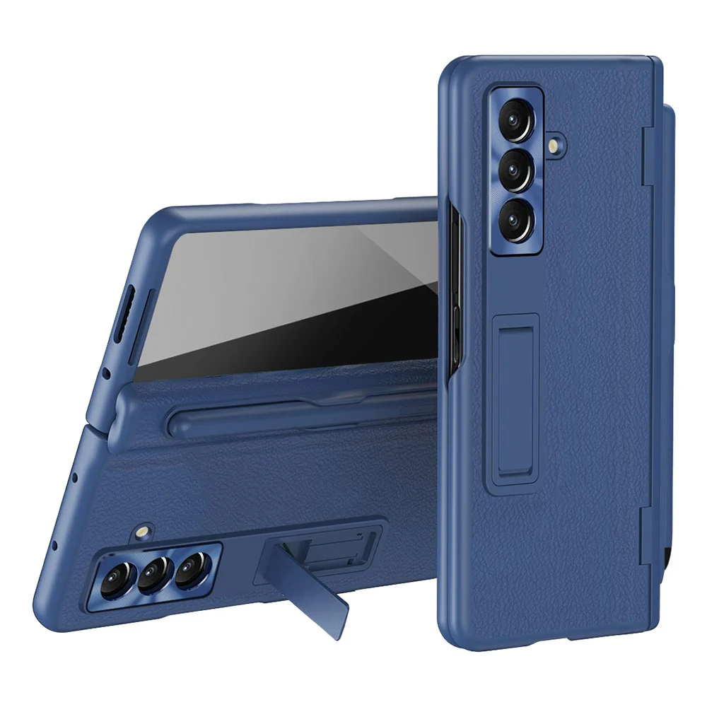 For Samsung Galaxy Z Fold7 5G Case Kickstand PC + PU Leather Folding Phone Cover with Screen Protector and Stylus - Sapphire