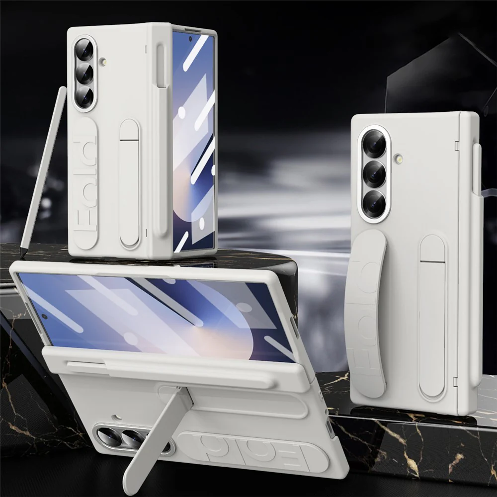 For Samsung Galaxy Z Fold7 5G Case Kickstand Wristband Hard PC Phone Cover with Pen Slot / Stylus - White