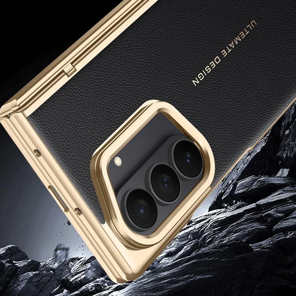 For Samsung Galaxy Z Fold7 5G Case Leather + PC Electroplated Phone Cover with HD Tempered Glass Film, Lens Kickstand - Black - Image 8